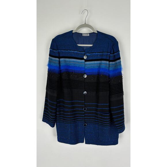 Vintage Marianne Pittl Handweberei Womens Striped Button Front Coat Black Blue - Picture 1 of 9